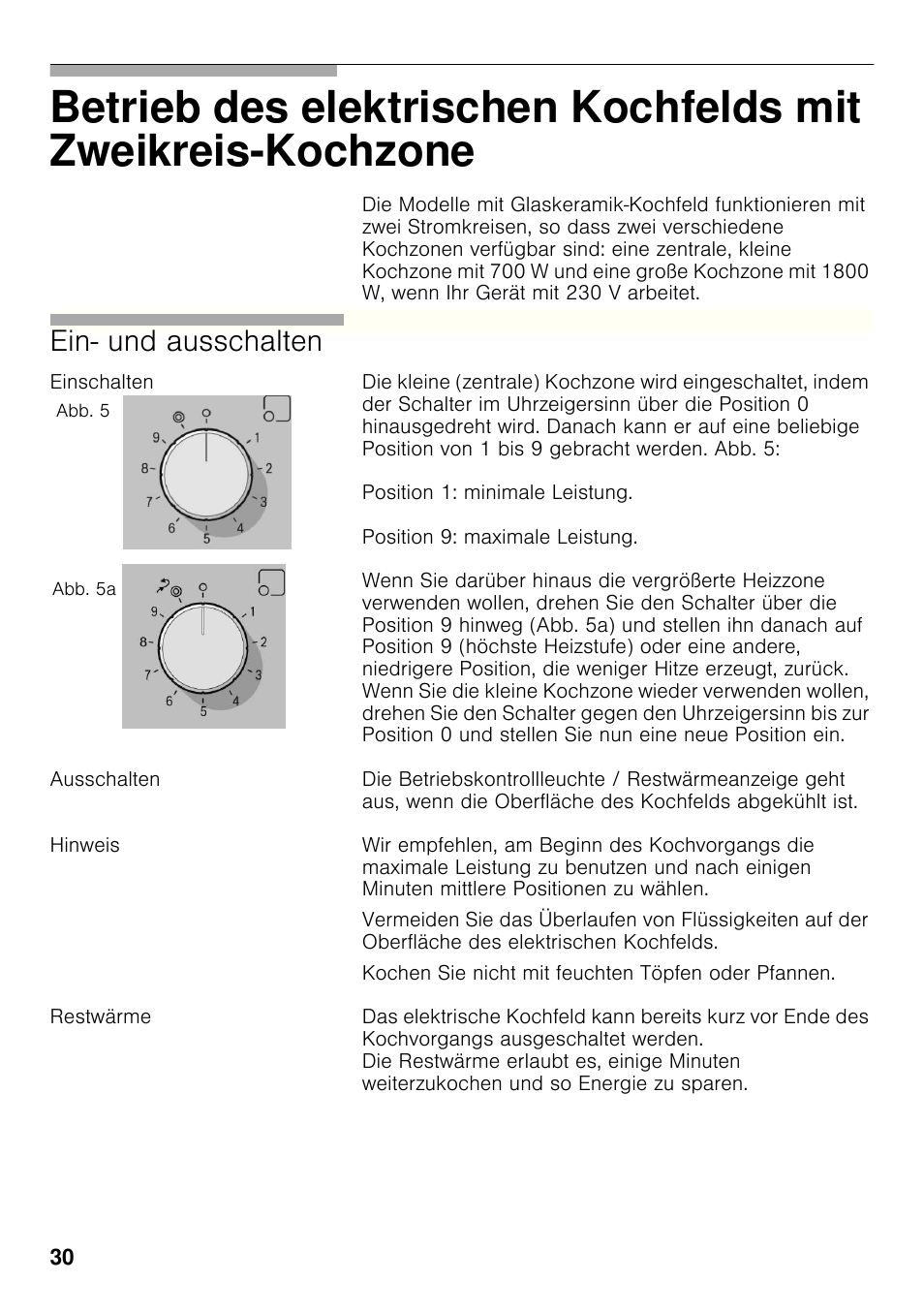 Einschalten, Ausschalten, Hinweis | Restwärme, Ein- und ausschalten | Bosch PRP626B70E Gas-Kochstelle Glaskeramik 60 cm User Manual | Page 29 / 118