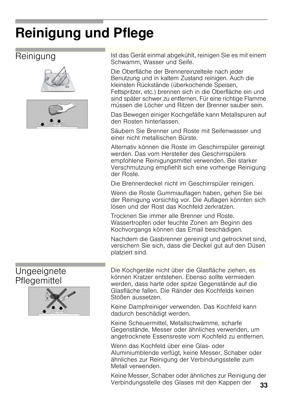 Reinigung und pflege, Reinigung, Ungeeignete pflegemittel | Bosch PRP626B70E Gas-Kochstelle Glaskeramik 60 cm User Manual | Page 32 / 118