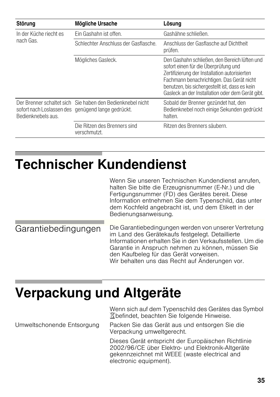 Umweltschonende entsorgung, Technischer kundendienst, Verpackung und altgeräte | Garantiebedingungen | Bosch PRP626B70E Gas-Kochstelle Glaskeramik 60 cm User Manual | Page 34 / 118