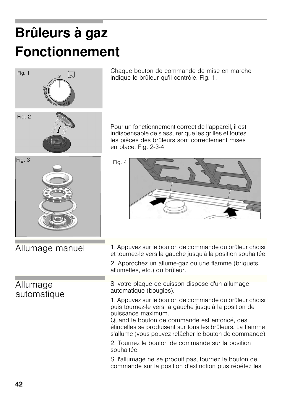 Fonctionnement, Brûleurs à gaz fonctionnement, Allumage manuel | Allumage automatique | Bosch PRP626B70E Gas-Kochstelle Glaskeramik 60 cm User Manual | Page 41 / 118