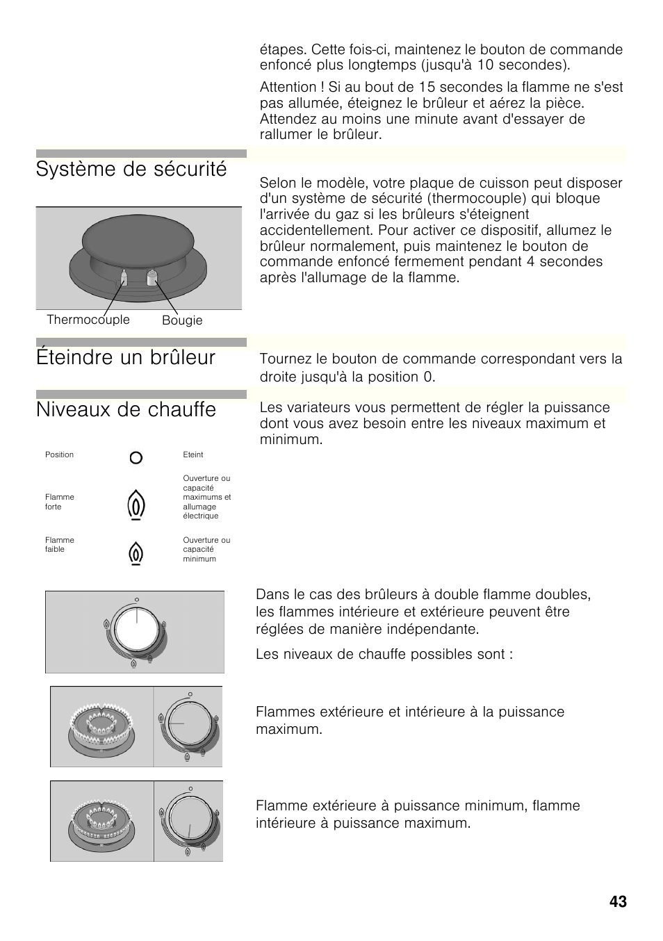 Système de sécurité, Éteindre un brûleur, Niveaux de chauffe | Bosch PRP626B70E Gas-Kochstelle Glaskeramik 60 cm User Manual | Page 42 / 118