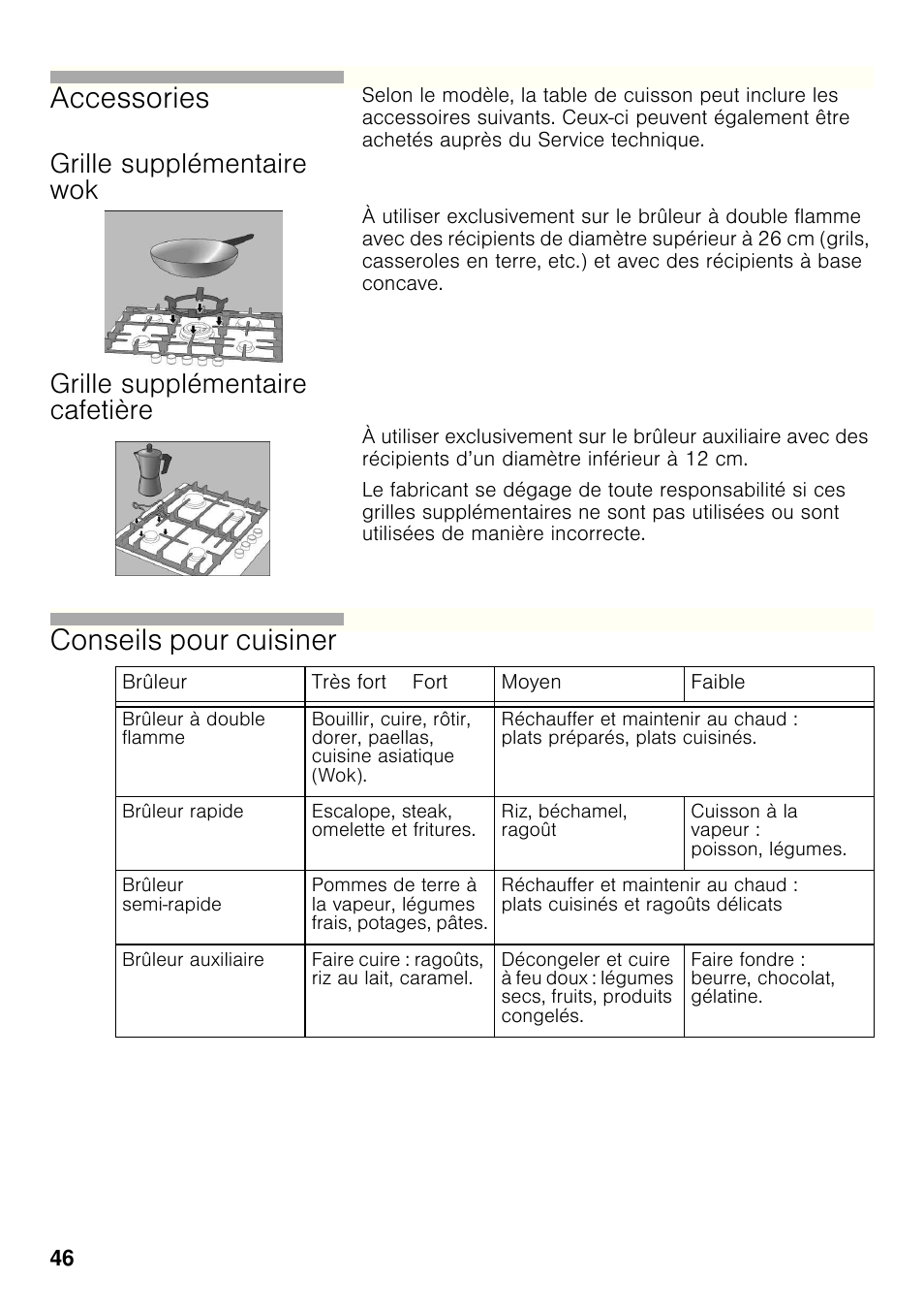 Grille supplémentaire wok, Grille supplémentaire cafetière, Accessories | Conseils pour cuisiner | Bosch PRP626B70E Gas-Kochstelle Glaskeramik 60 cm User Manual | Page 45 / 118