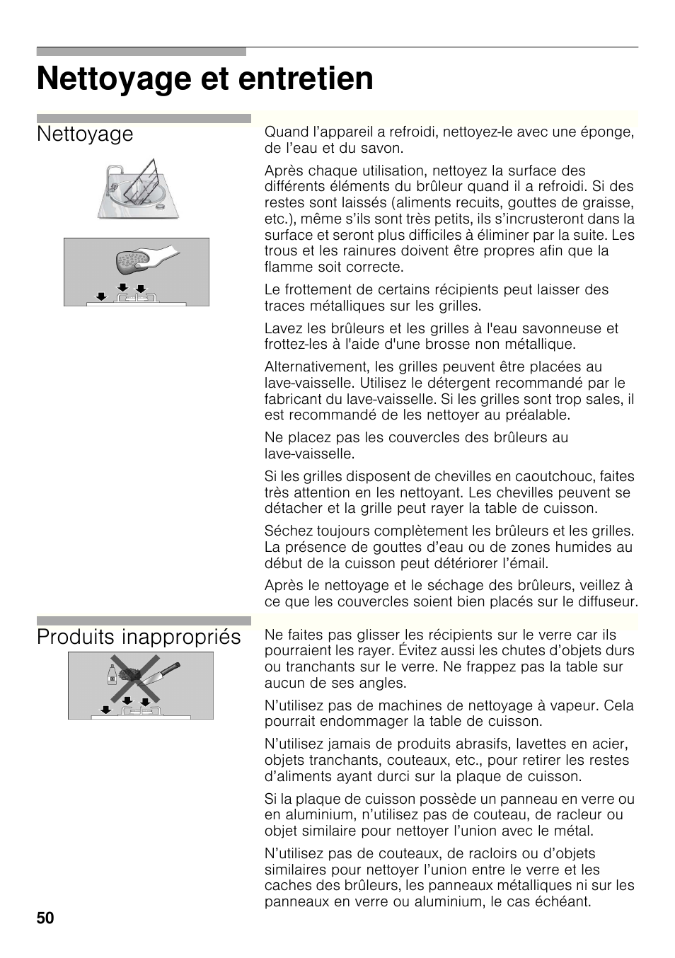 Nettoyage et entretien, Nettoyage, Produits inappropriés | Bosch PRP626B70E Gas-Kochstelle Glaskeramik 60 cm User Manual | Page 49 / 118