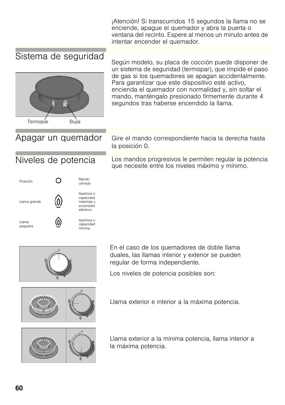 Sistema de seguridad, Apagar un quemador, Niveles de potencia | Bosch PRP626B70E Gas-Kochstelle Glaskeramik 60 cm User Manual | Page 59 / 118