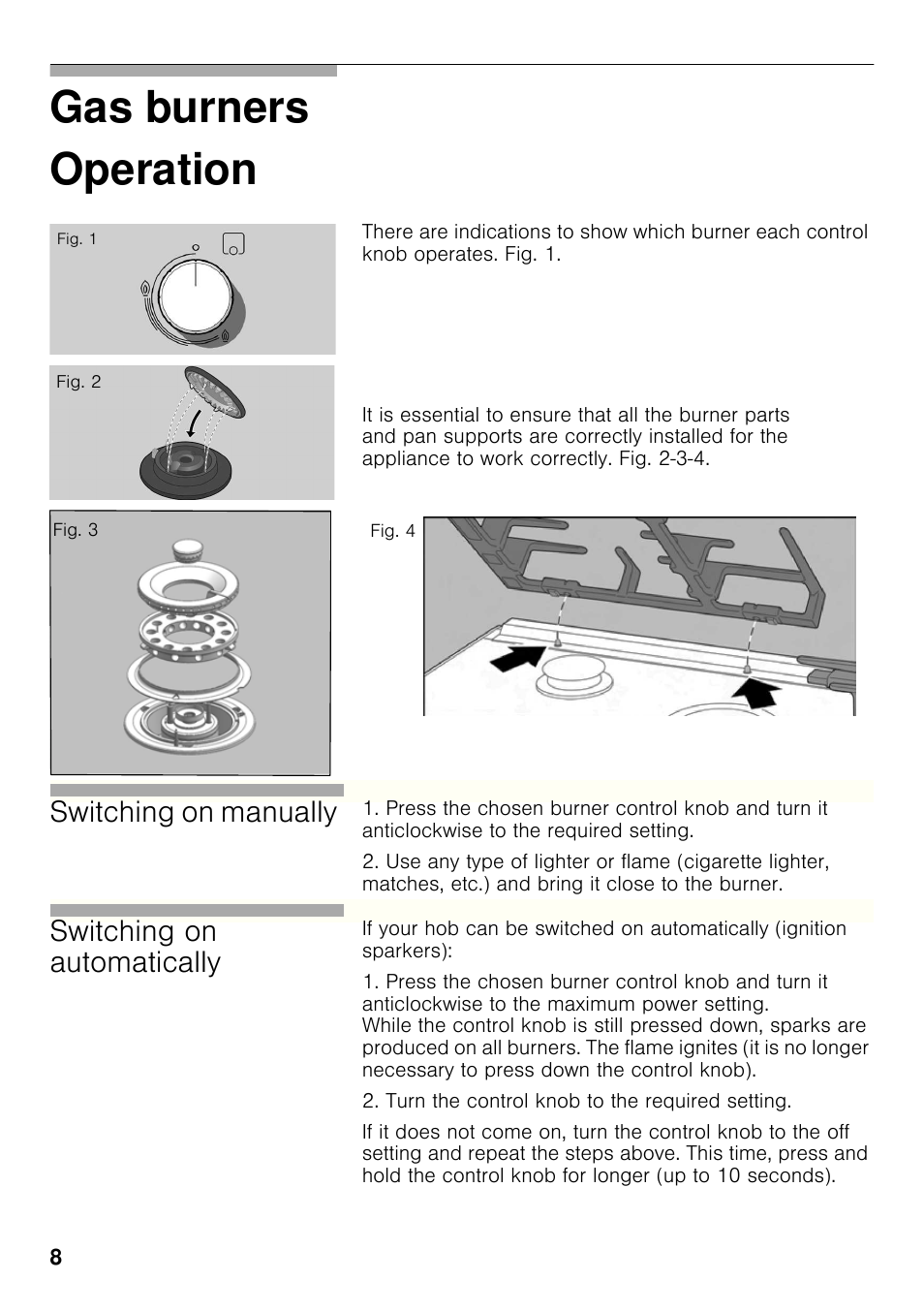 Operation, Gas burners operation, Switching on manually | Switching on automatically | Bosch PRP626B70E Gas-Kochstelle Glaskeramik 60 cm User Manual | Page 7 / 118