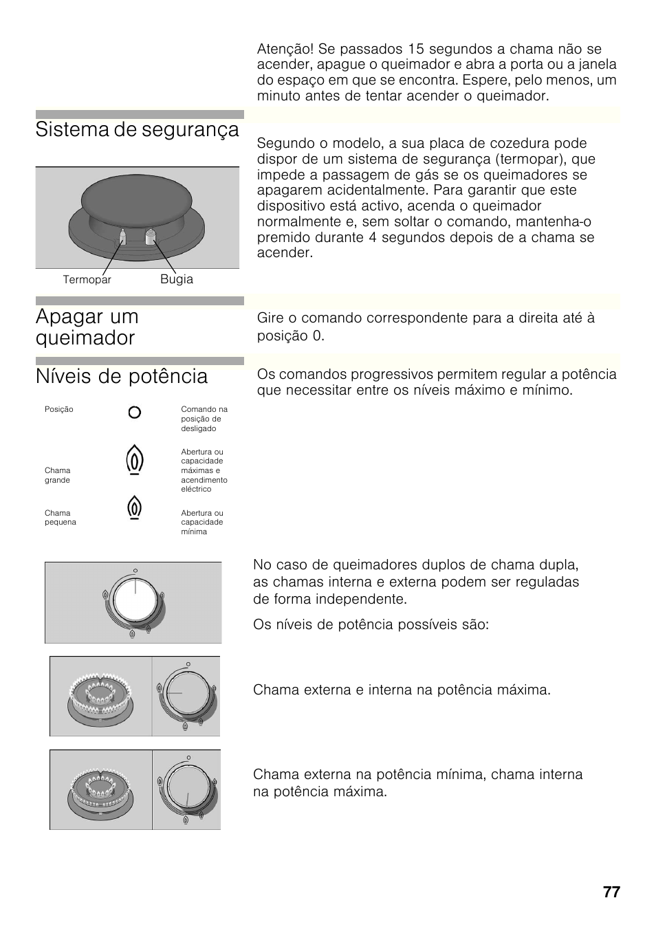 Sistema de segurança, Apagar um queimador, Níveis de potência | Bosch PRP626B70E Gas-Kochstelle Glaskeramik 60 cm User Manual | Page 76 / 118