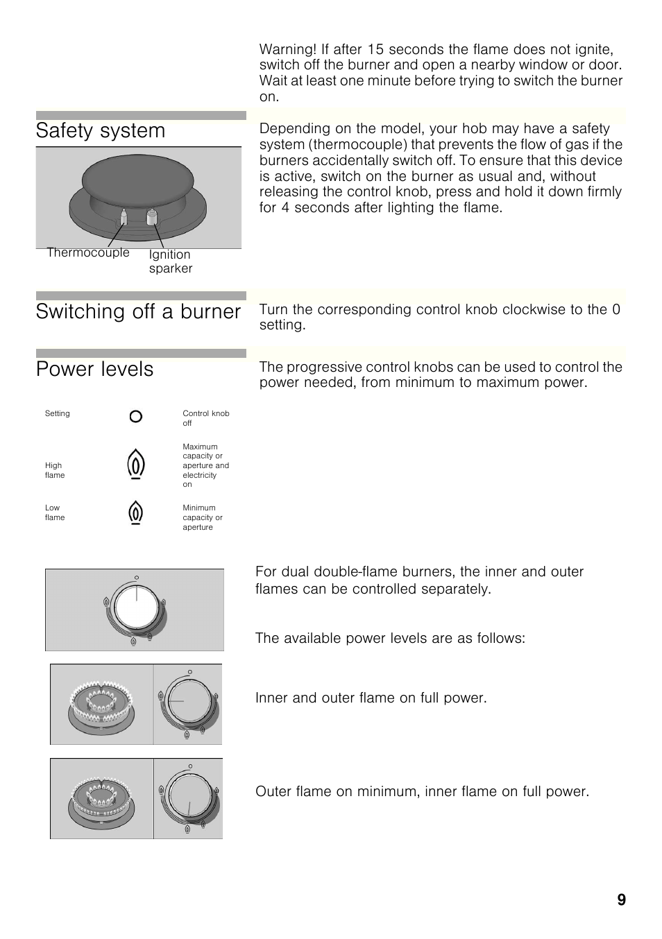 Safety system, Switching off a burner, Power levels | Bosch PRP626B70E Gas-Kochstelle Glaskeramik 60 cm User Manual | Page 8 / 118