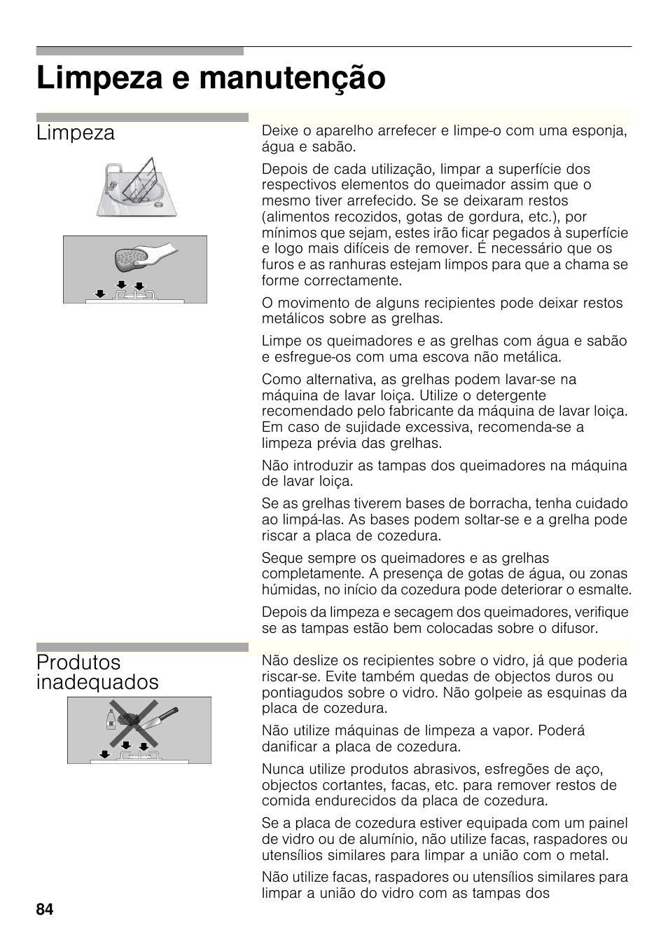 Limpeza e manutenção, Limpeza, Produtos inadequados | Bosch PRP626B70E Gas-Kochstelle Glaskeramik 60 cm User Manual | Page 83 / 118