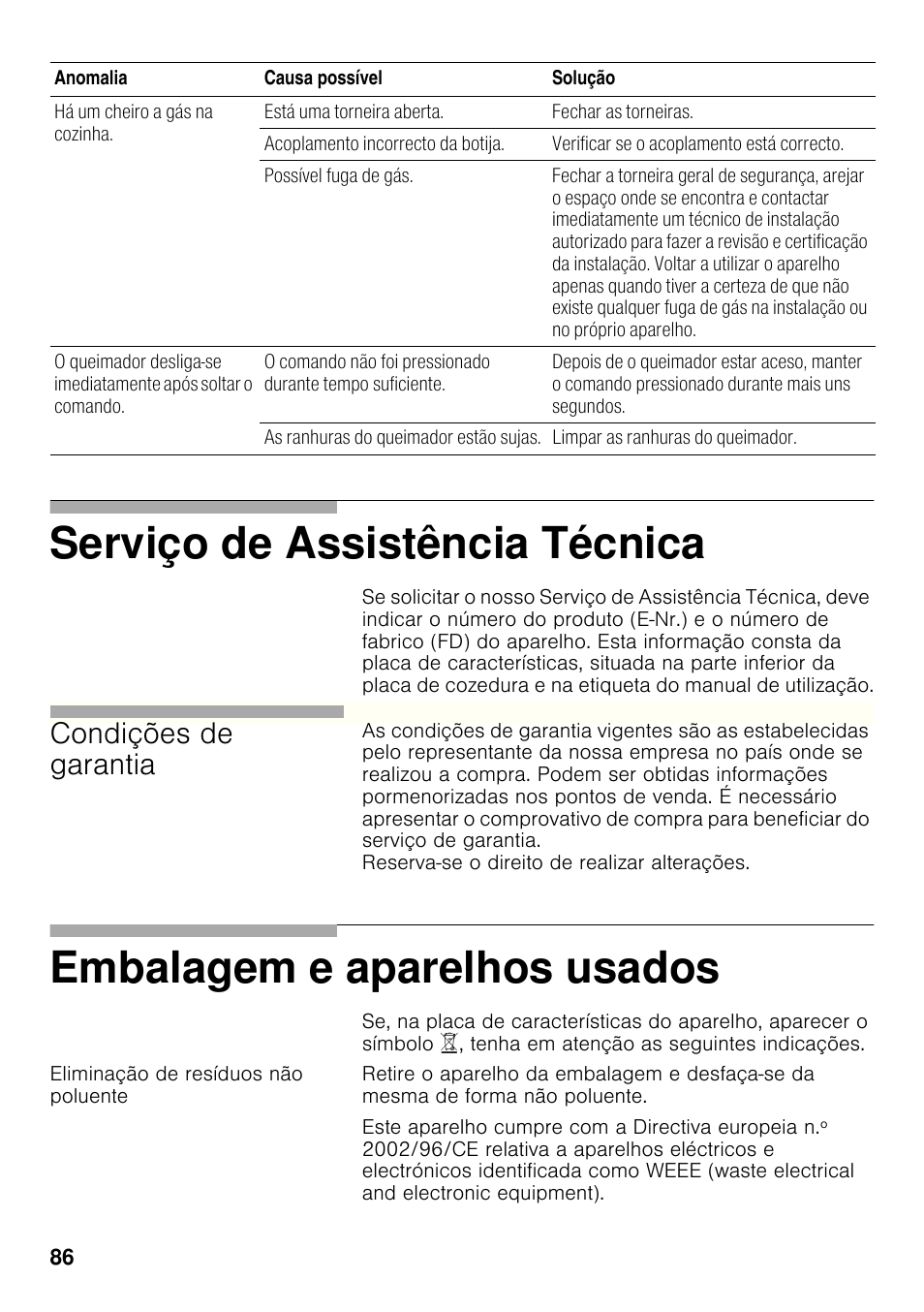 Eliminação de resíduos não poluente, Serviço de assistência técnica, Embalagem e aparelhos usados | Condições de garantia | Bosch PRP626B70E Gas-Kochstelle Glaskeramik 60 cm User Manual | Page 85 / 118