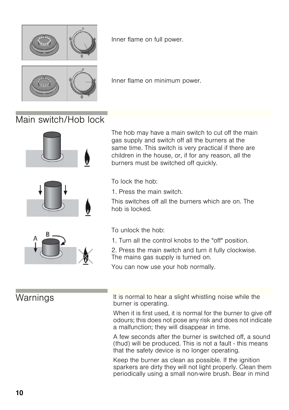 Main switch/hob lock warnings | Bosch PRP626B70E Gas-Kochstelle Glaskeramik 60 cm User Manual | Page 9 / 118