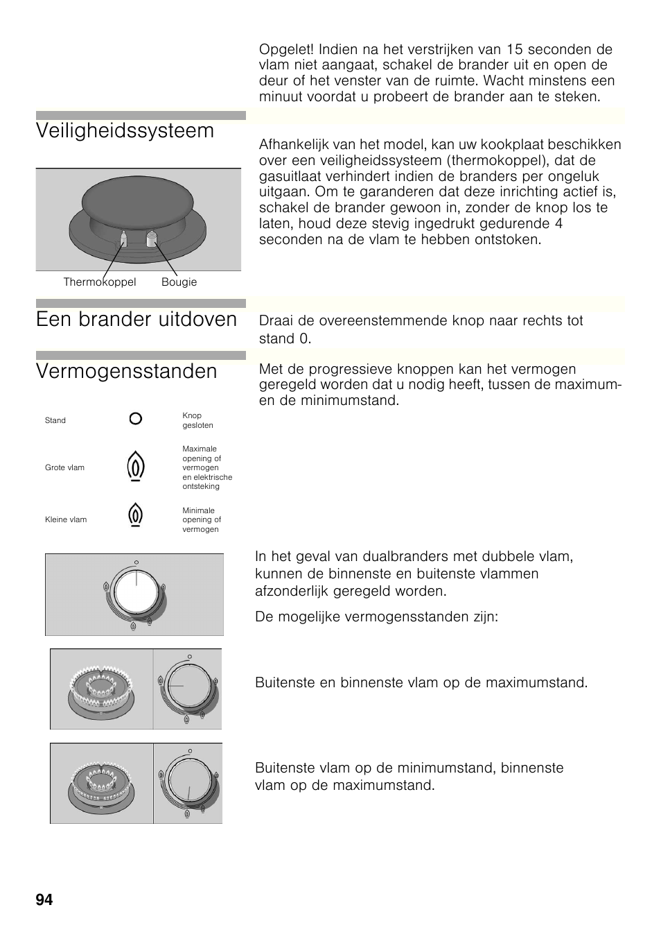 Veiligheidssysteem, Een brander uitdoven, Vermogensstanden | Bosch PRP626B70E Gas-Kochstelle Glaskeramik 60 cm User Manual | Page 93 / 118