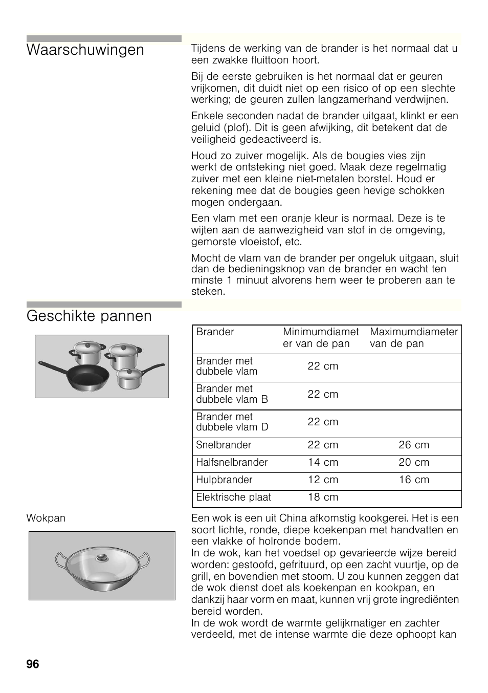 Wokpan, Waarschuwingen, Geschikte pannen | Bosch PRP626B70E Gas-Kochstelle Glaskeramik 60 cm User Manual | Page 95 / 118