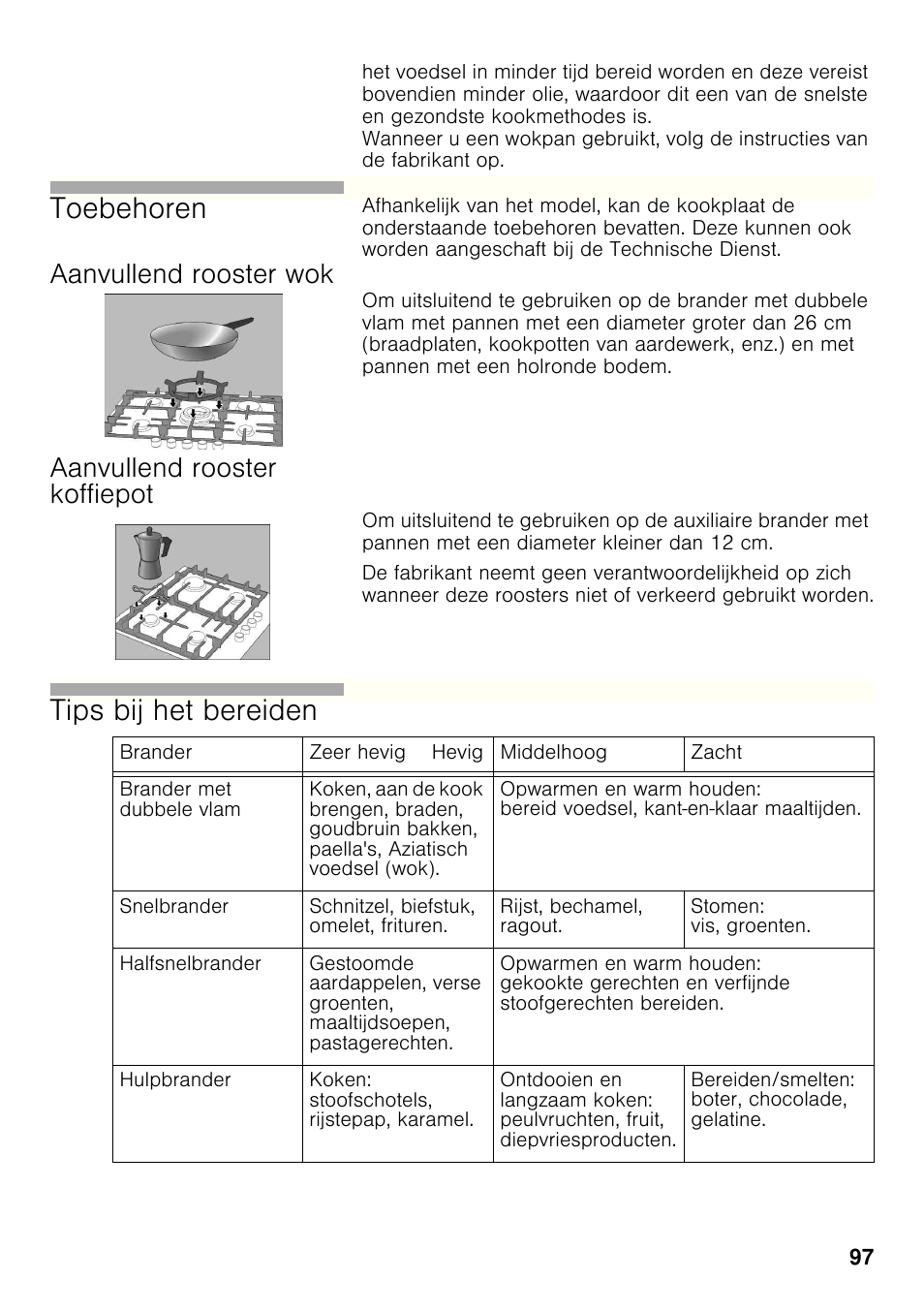 Aanvullend rooster wok, Aanvullend rooster koffiepot, Toebehoren | Tips bij het bereiden | Bosch PRP626B70E Gas-Kochstelle Glaskeramik 60 cm User Manual | Page 96 / 118