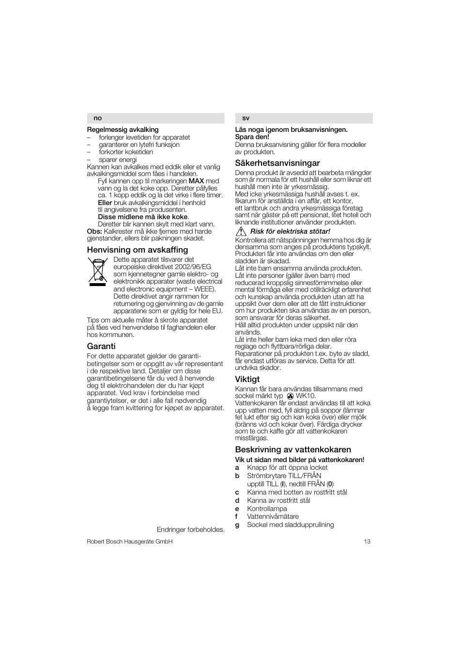 Bosch TWK1201N Wasserkocher aus Edelstahl User Manual | Page 13 / 42