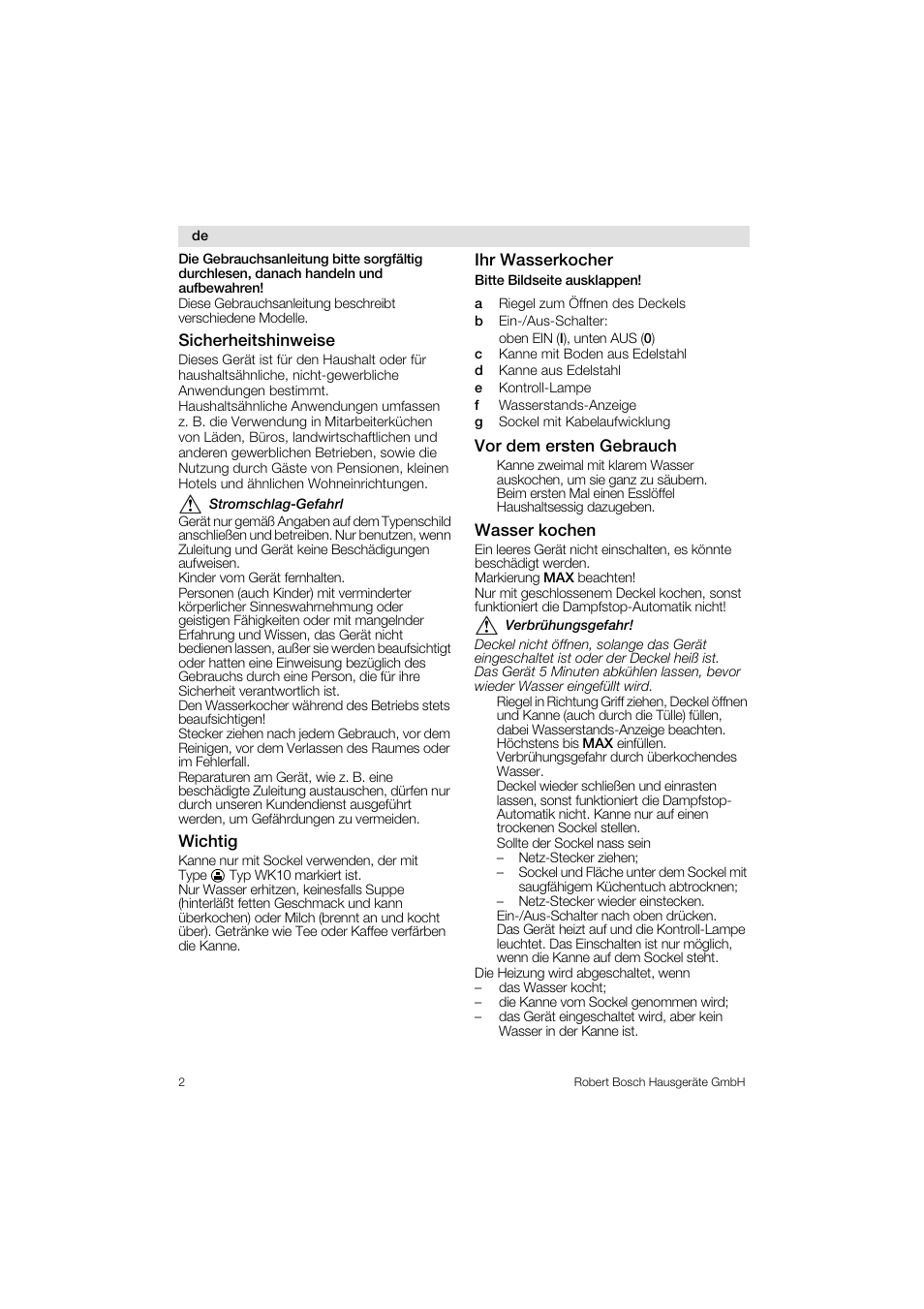 Bosch TWK1201N Wasserkocher aus Edelstahl User Manual | Page 2 / 42