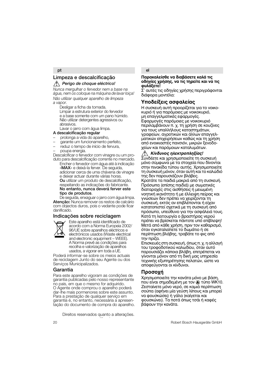 Bosch TWK1201N Wasserkocher aus Edelstahl User Manual | Page 20 / 42