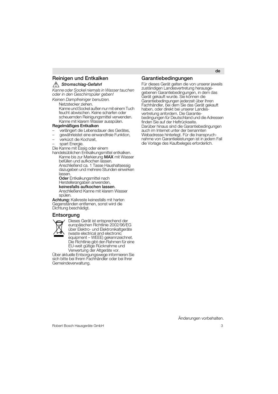 Bosch TWK1201N Wasserkocher aus Edelstahl User Manual | Page 3 / 42