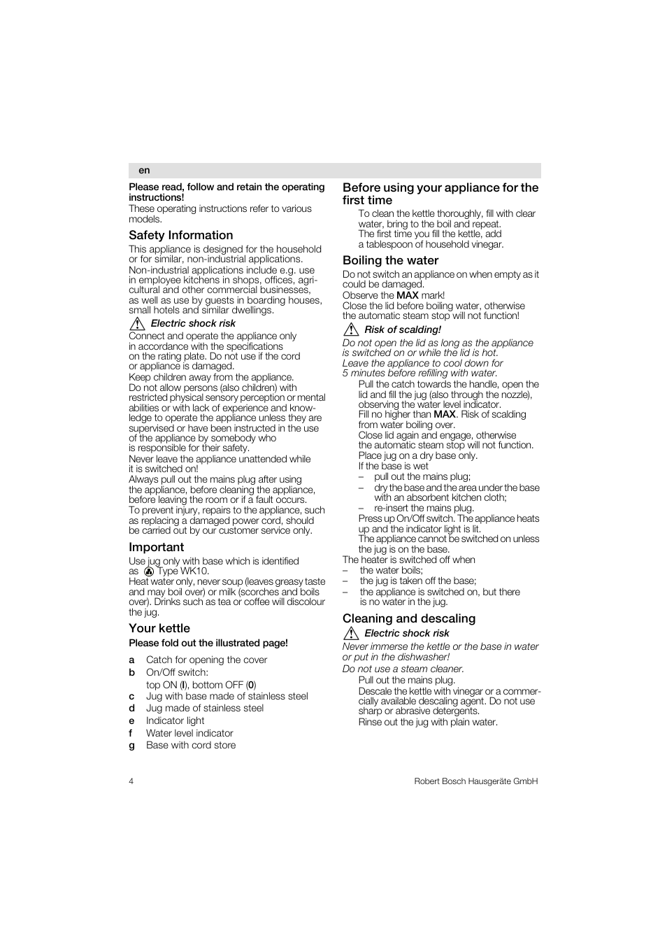 Bosch TWK1201N Wasserkocher aus Edelstahl User Manual | Page 4 / 42