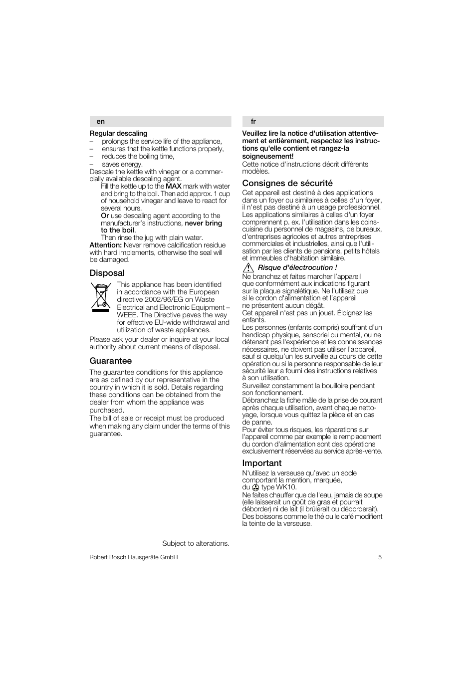 Bosch TWK1201N Wasserkocher aus Edelstahl User Manual | Page 5 / 42