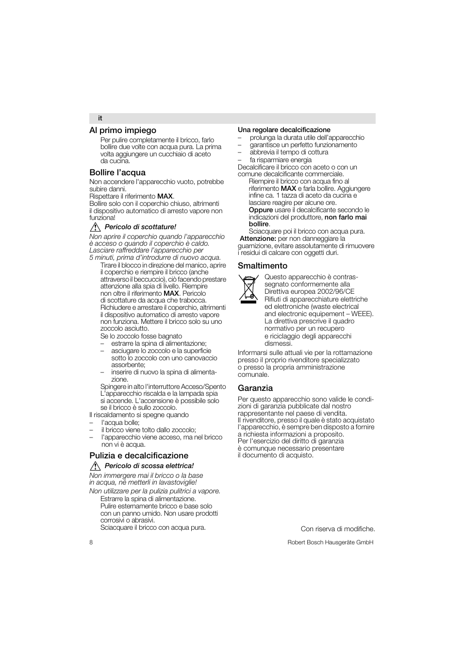 Bosch TWK1201N Wasserkocher aus Edelstahl User Manual | Page 8 / 42