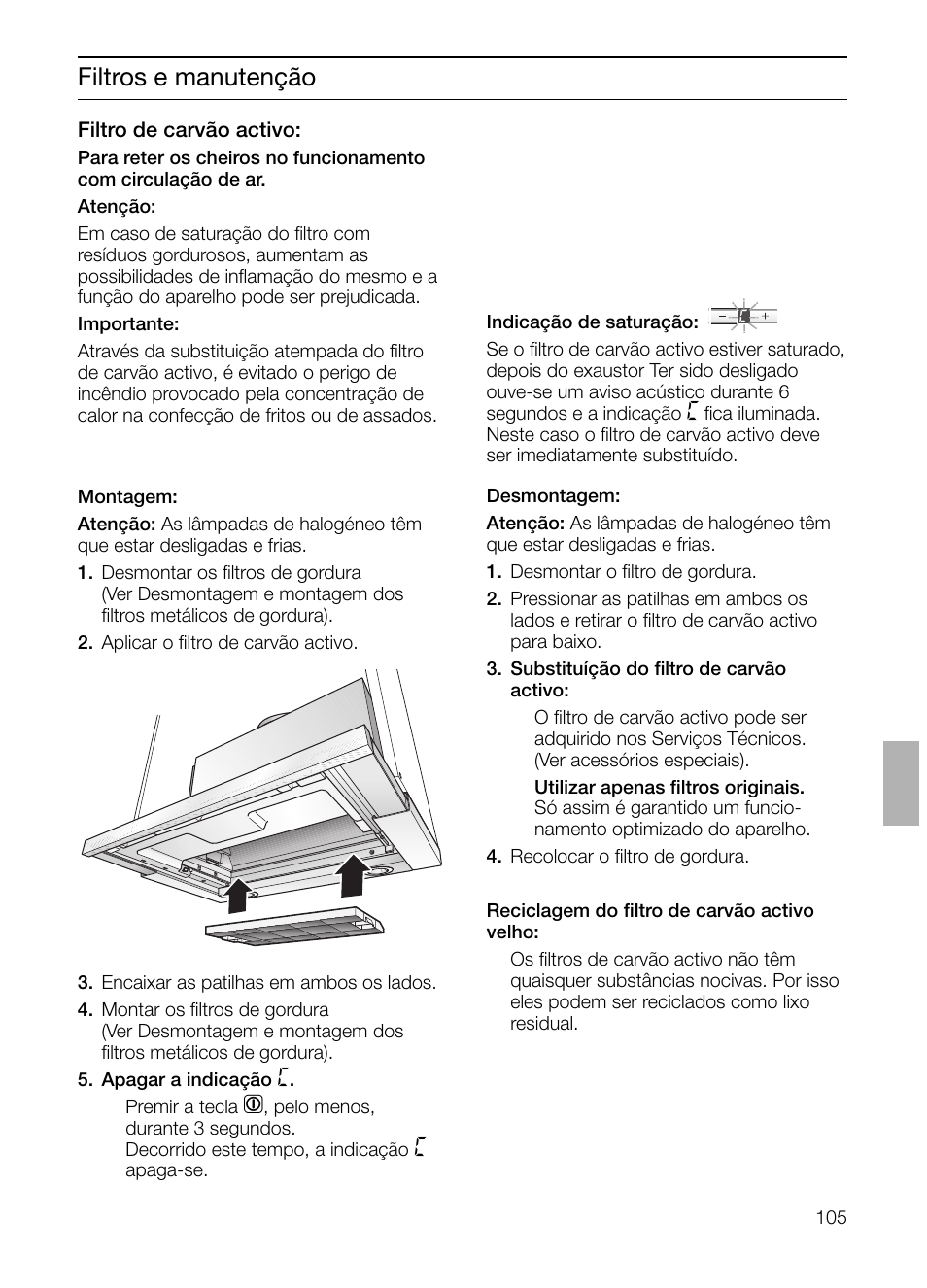 Filtros e manutenção | Bosch DHI665V grau-metallic Flachschirmhaube 60 cm User Manual | Page 105 / 116