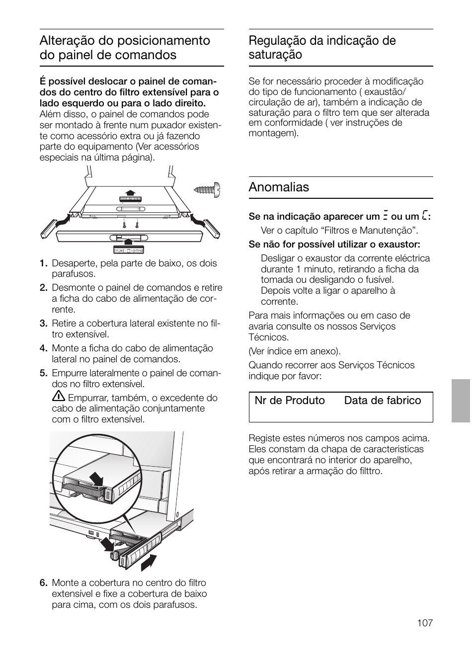 Alteração do posicionamento do painel de comandos, Regulação da indicação de saturação, Anomalias | Bosch DHI665V grau-metallic Flachschirmhaube 60 cm User Manual | Page 107 / 116