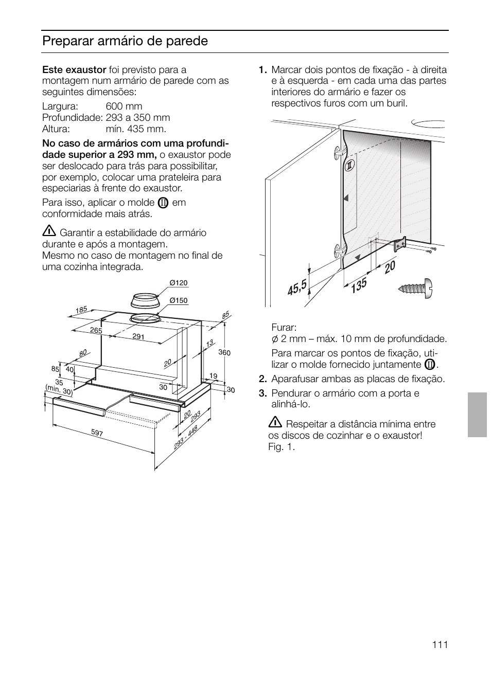 Preparar armário de parede | Bosch DHI665V grau-metallic Flachschirmhaube 60 cm User Manual | Page 111 / 116