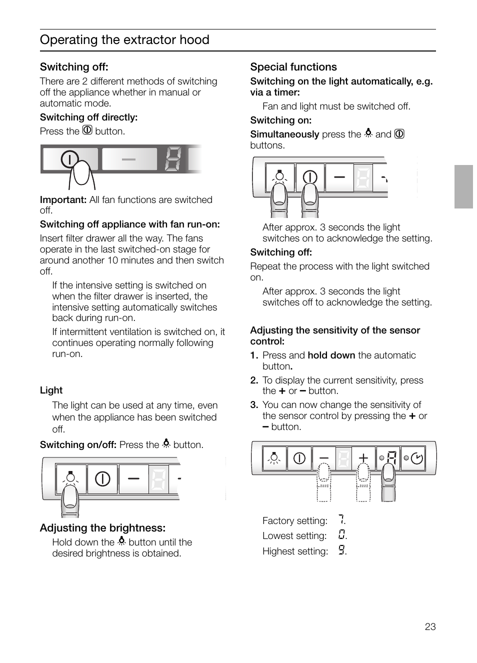 Operating the extractor hood | Bosch DHI665V grau-metallic Flachschirmhaube 60 cm User Manual | Page 23 / 116