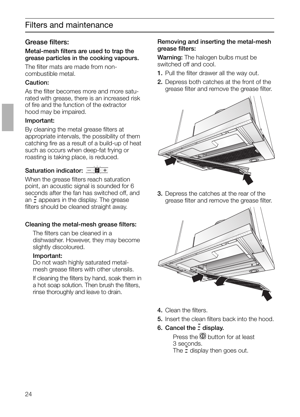 Filters and maintenance | Bosch DHI665V grau-metallic Flachschirmhaube 60 cm User Manual | Page 24 / 116