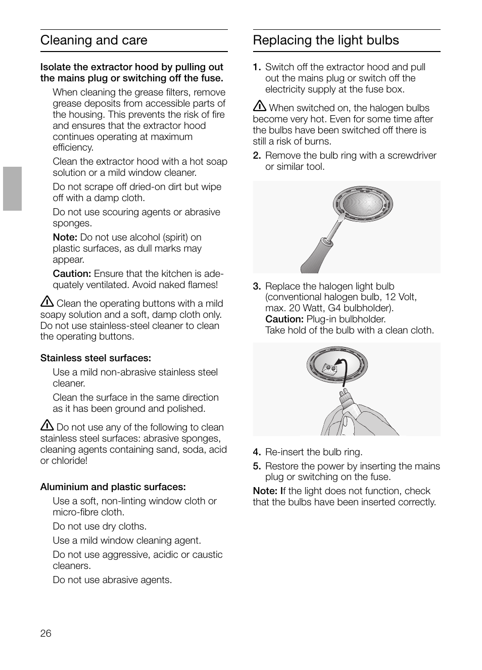 Cleaning and care, Replacing the light bulbs | Bosch DHI665V grau-metallic Flachschirmhaube 60 cm User Manual | Page 26 / 116