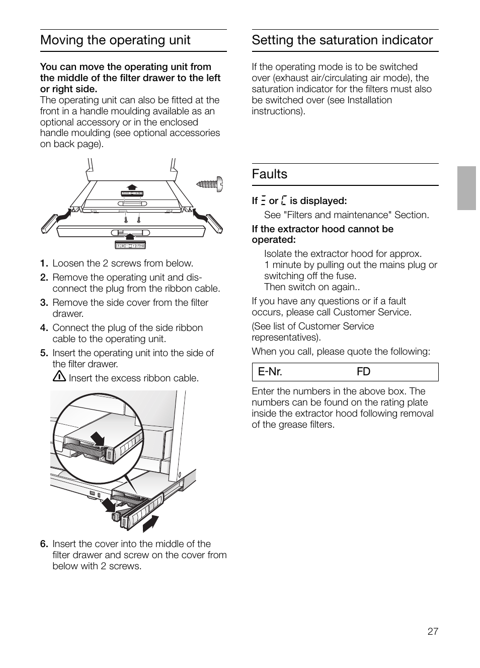 Moving the operating unit, Setting the saturation indicator, Faults | Bosch DHI665V grau-metallic Flachschirmhaube 60 cm User Manual | Page 27 / 116