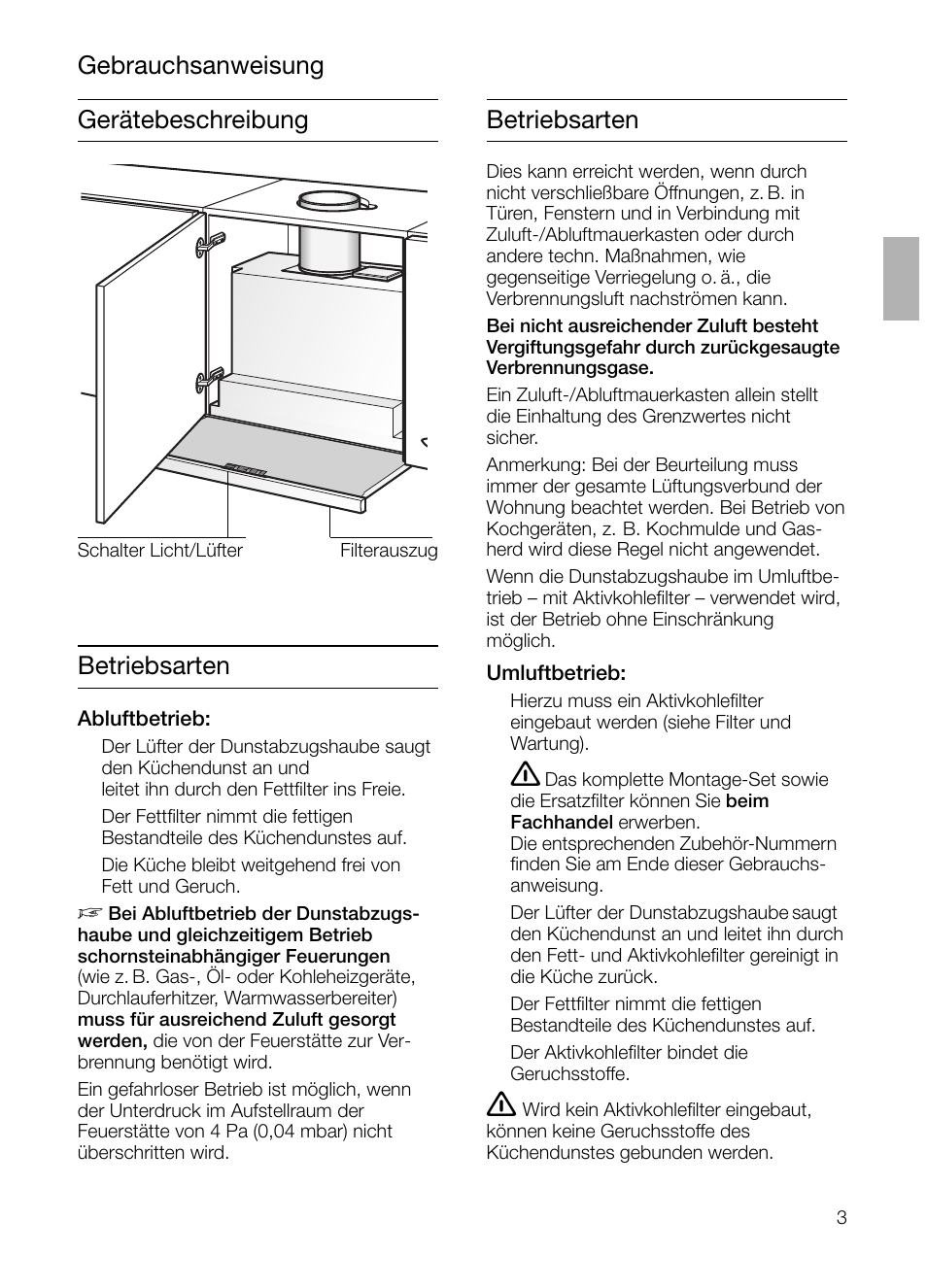 Gerätebeschreibung betriebsarten betriebsarten, Gebrauchsanweisung | Bosch DHI665V grau-metallic Flachschirmhaube 60 cm User Manual | Page 3 / 116