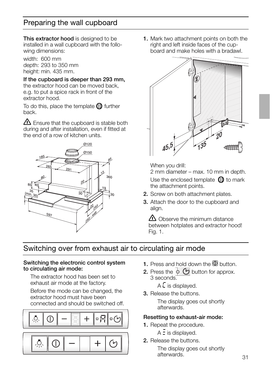 Preparing the wall cupboard | Bosch DHI665V grau-metallic Flachschirmhaube 60 cm User Manual | Page 31 / 116