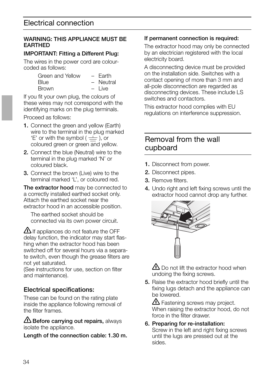 Electrical connection, Removal from the wall cupboard | Bosch DHI665V grau-metallic Flachschirmhaube 60 cm User Manual | Page 34 / 116