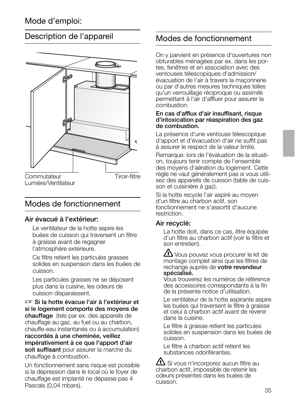 Modes de fonctionnement | Bosch DHI665V grau-metallic Flachschirmhaube 60 cm User Manual | Page 35 / 116