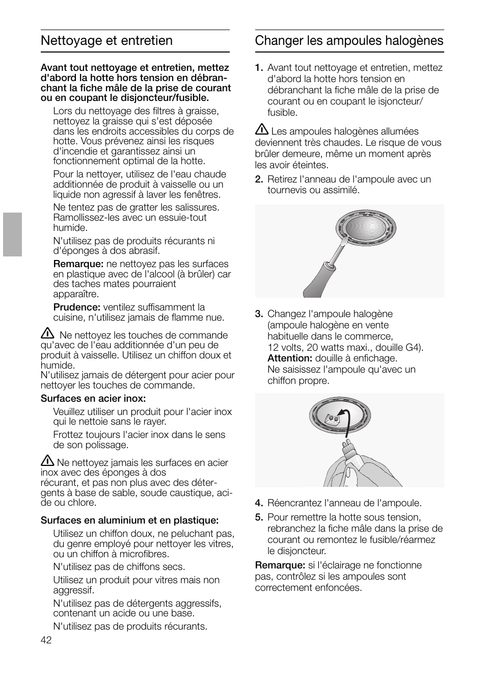 Nettoyage et entretien, Changer les ampoules halogènes | Bosch DHI665V grau-metallic Flachschirmhaube 60 cm User Manual | Page 42 / 116