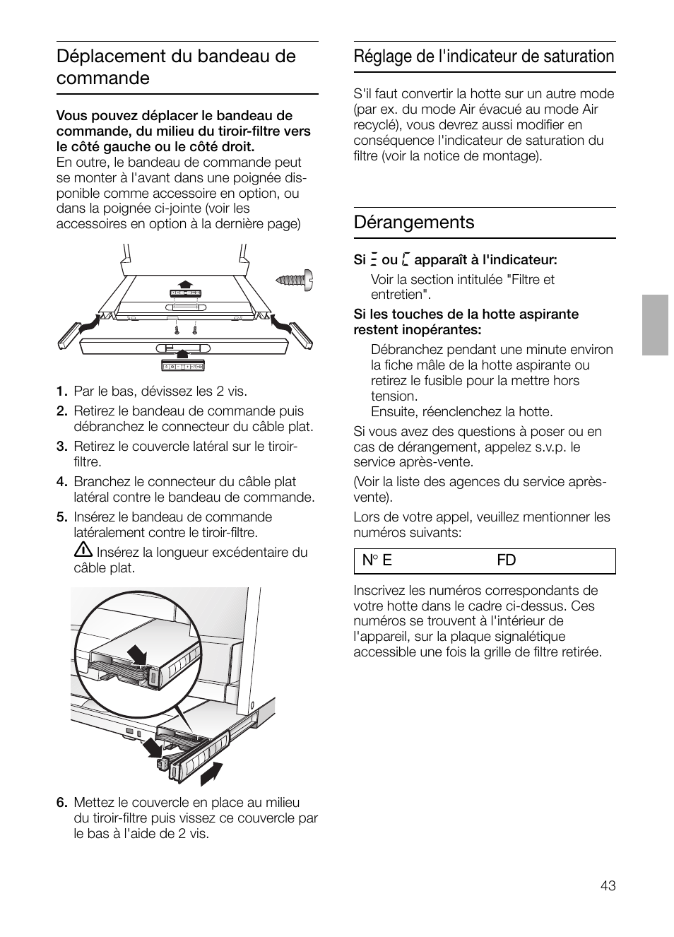 Déplacement du bandeau de commande, Réglage de l'indicateur de saturation, Dérangements | Bosch DHI665V grau-metallic Flachschirmhaube 60 cm User Manual | Page 43 / 116