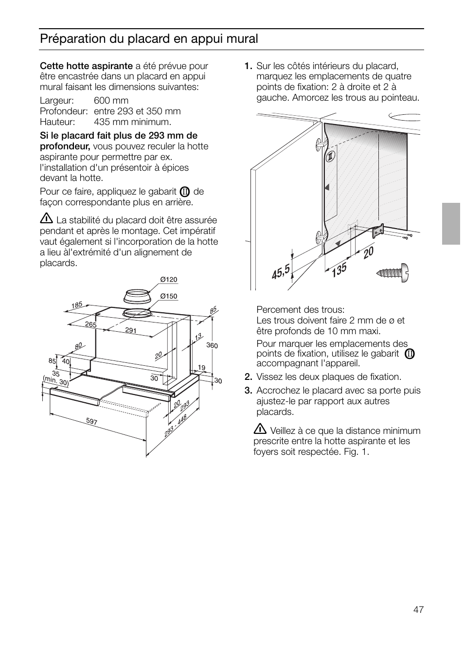 Préparation du placard en appui mural | Bosch DHI665V grau-metallic Flachschirmhaube 60 cm User Manual | Page 47 / 116