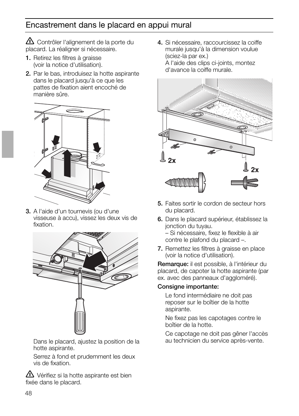 Encastrement dans le placard en appui mural | Bosch DHI665V grau-metallic Flachschirmhaube 60 cm User Manual | Page 48 / 116