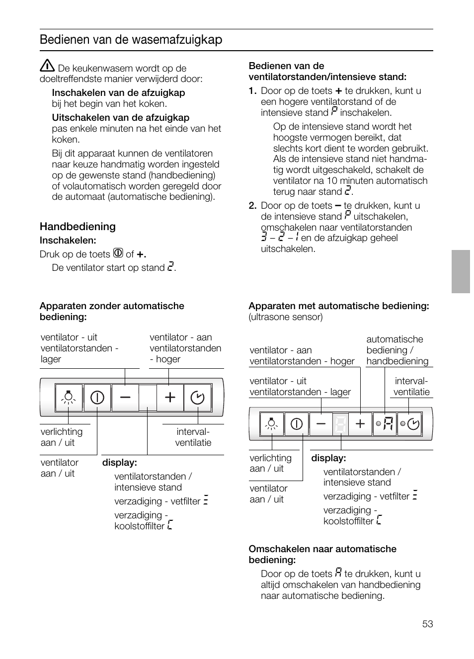 Bedienen van de wasemafzuigkap | Bosch DHI665V grau-metallic Flachschirmhaube 60 cm User Manual | Page 53 / 116