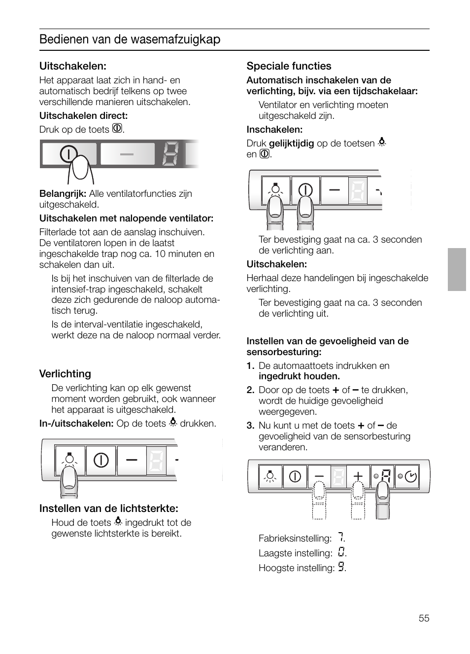 Bedienen van de wasemafzuigkap | Bosch DHI665V grau-metallic Flachschirmhaube 60 cm User Manual | Page 55 / 116