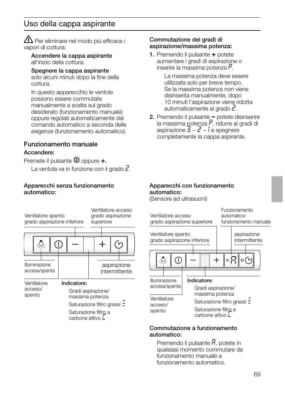 Uso della cappa aspirante | Bosch DHI665V grau-metallic Flachschirmhaube 60 cm User Manual | Page 69 / 116