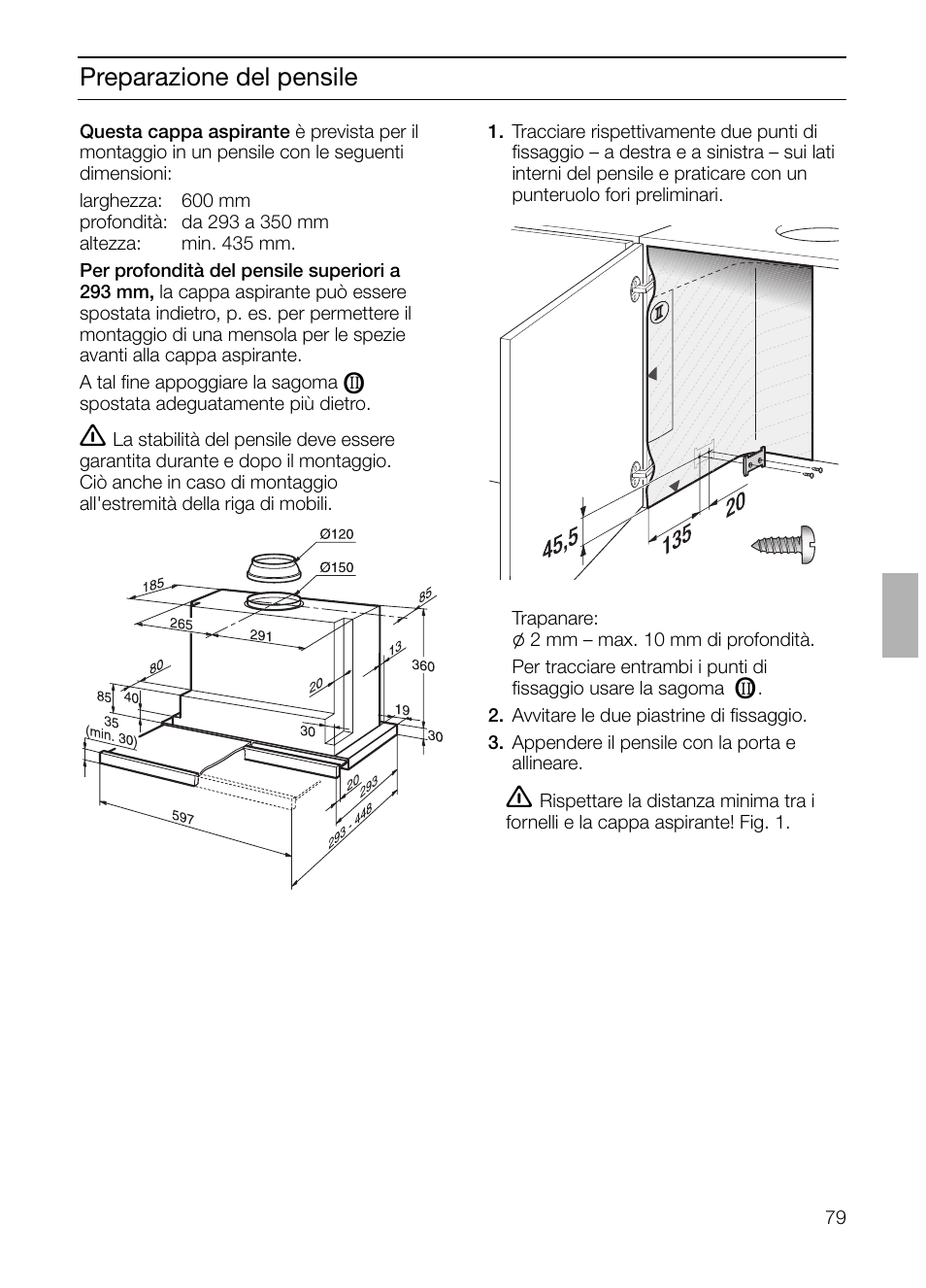 Preparazione del pensile | Bosch DHI665V grau-metallic Flachschirmhaube 60 cm User Manual | Page 79 / 116