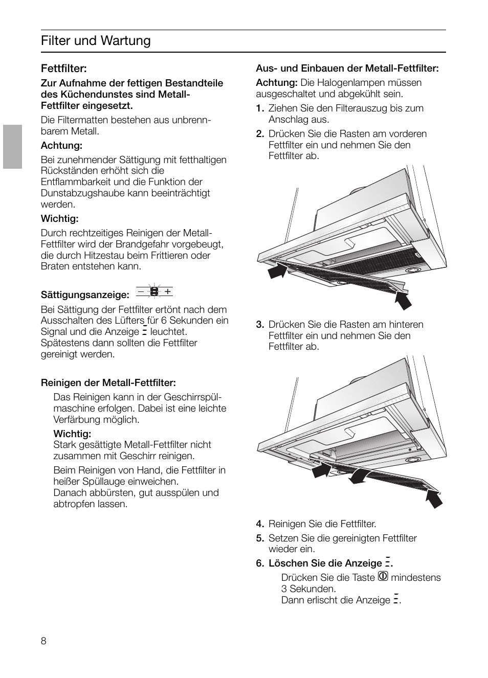 Filter und wartung | Bosch DHI665V grau-metallic Flachschirmhaube 60 cm User Manual | Page 8 / 116