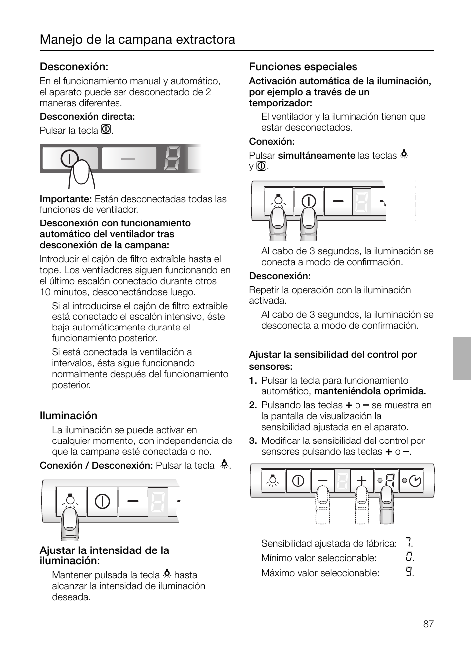 Manejo de la campana extractora | Bosch DHI665V grau-metallic Flachschirmhaube 60 cm User Manual | Page 87 / 116