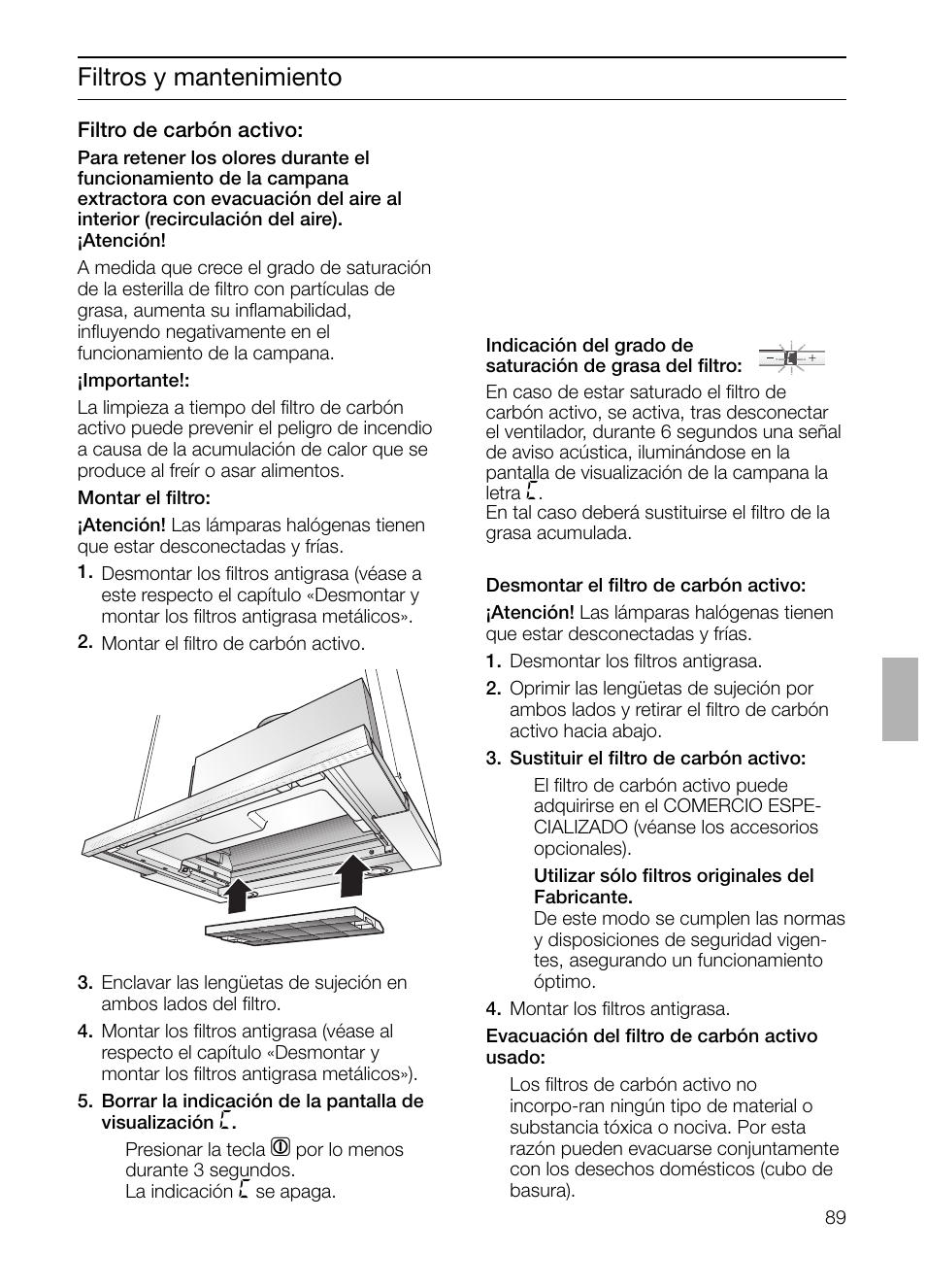 Filtros y mantenimiento | Bosch DHI665V grau-metallic Flachschirmhaube 60 cm User Manual | Page 89 / 116