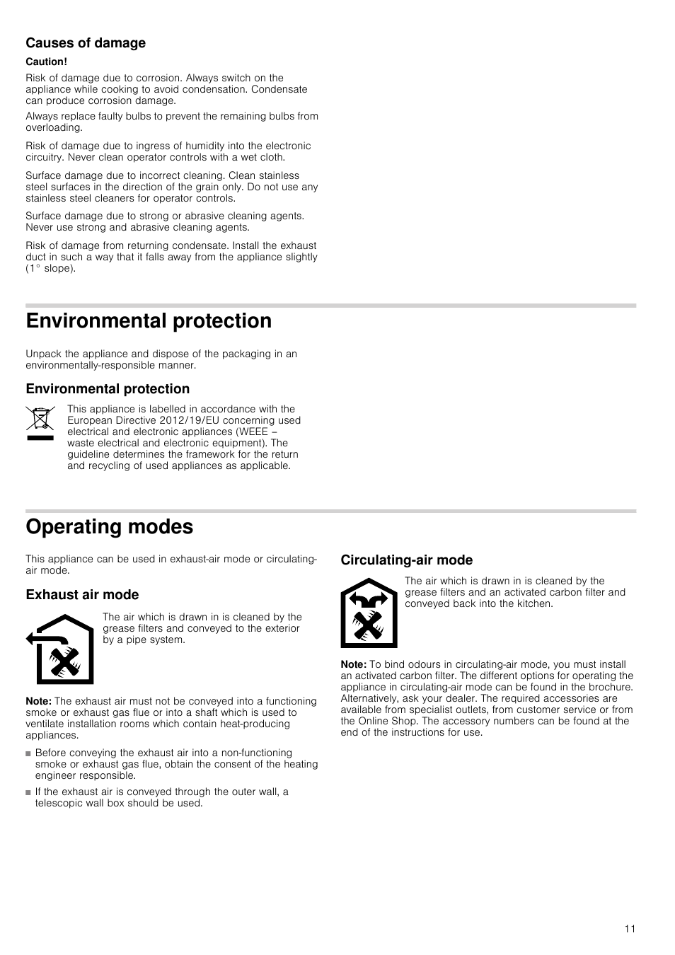 Causes of damage, Caution, Environmental protection | Operating modes, Exhaust air mode, Note, Circulating-air mode, Ection environmental protection | Bosch DWK09G660 schwarz Wandesse 90 cm Schräg-Essen-Design User Manual | Page 11 / 40