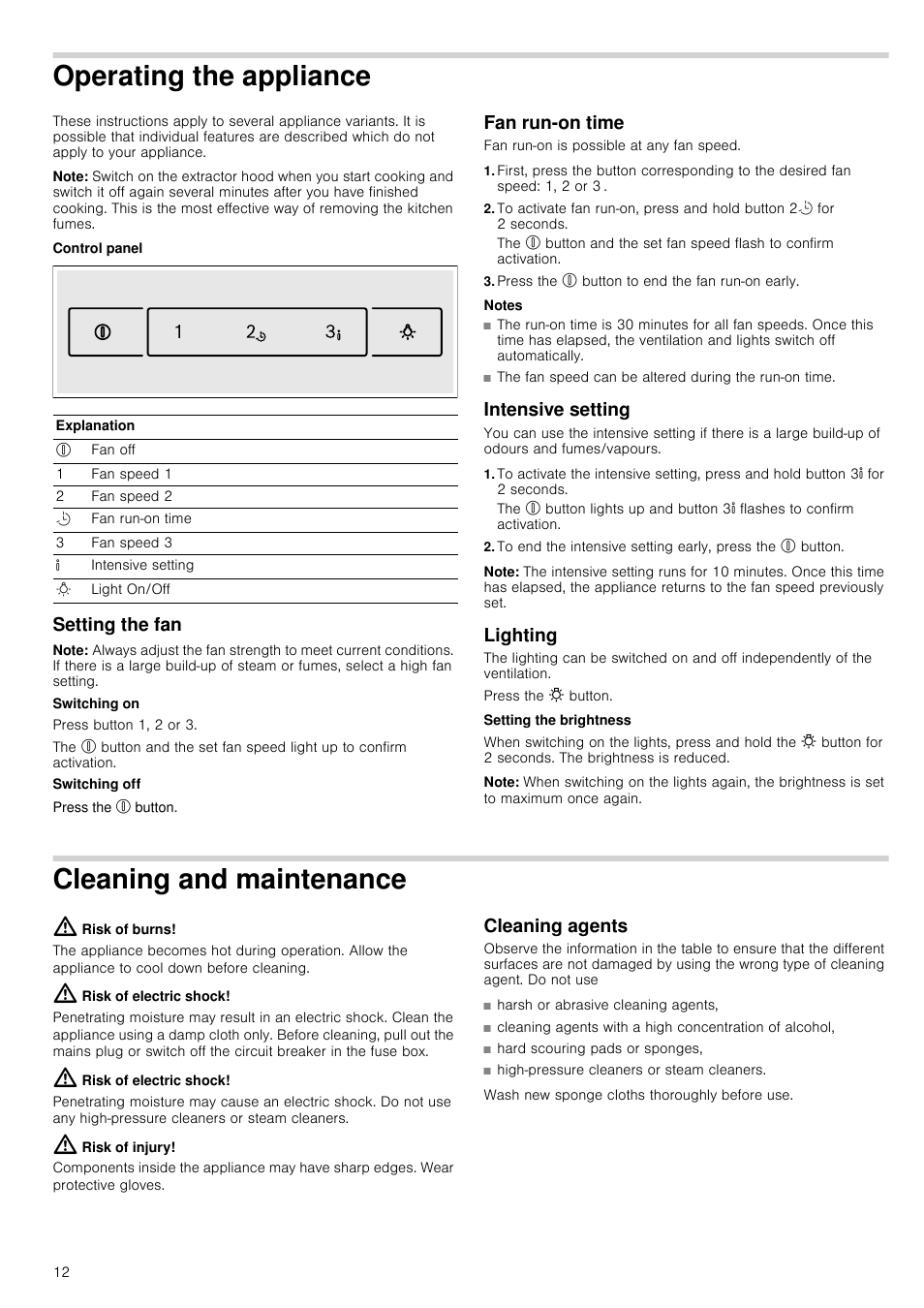 Operating the appliance, Note, Control panel | Setting the fan, Fan run-on time, Press the % button to end the fan run-on early, Notes, Intensive setting, Lighting, Cleaning and maintenance | Bosch DWK09G660 schwarz Wandesse 90 cm Schräg-Essen-Design User Manual | Page 12 / 40