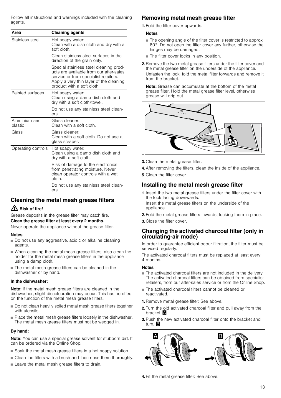 Cleaning the metal mesh grease filters, Risk of fire, Notes | In the dishwasher, Note, By hand, Removing metal mesh grease filter, Fold the filter cover upwards, Clean the metal grease filter, Clean the filter cover | Bosch DWK09G660 schwarz Wandesse 90 cm Schräg-Essen-Design User Manual | Page 13 / 40