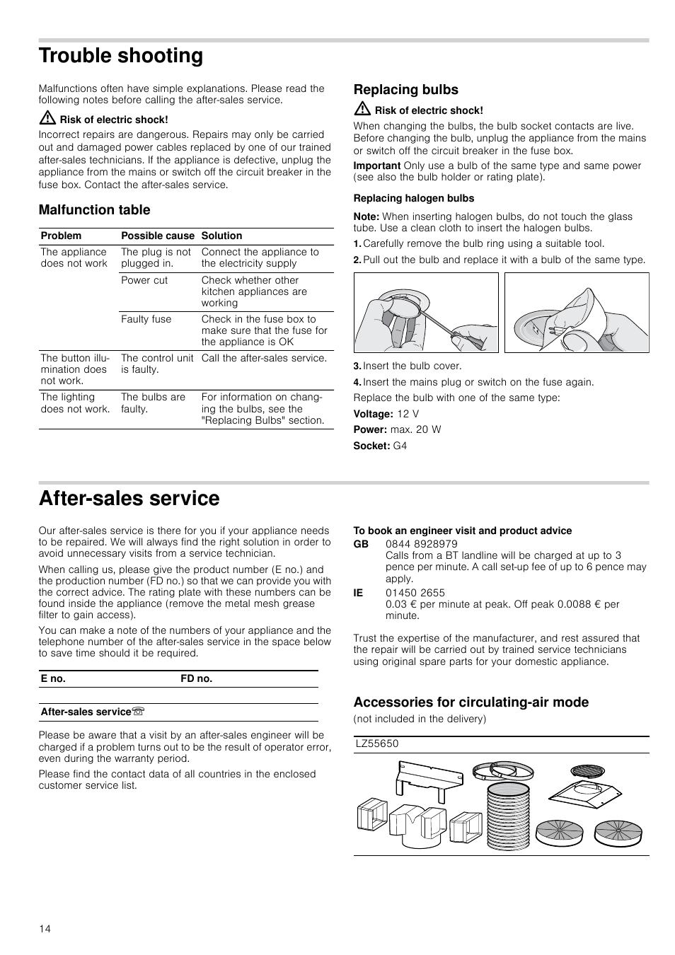 Trouble shooting, Risk of electric shock, Malfunction table | Replacing bulbs, Replacing halogen bulbs, Note, Insert the bulb cover, Insert the mains plug or switch on the fuse again, After-sales service, To book an engineer visit and product advice | Bosch DWK09G660 schwarz Wandesse 90 cm Schräg-Essen-Design User Manual | Page 14 / 40